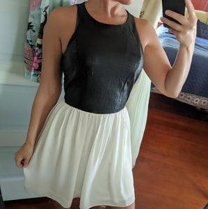 GUESS Leather & Chiffon Fit and Flare Dress